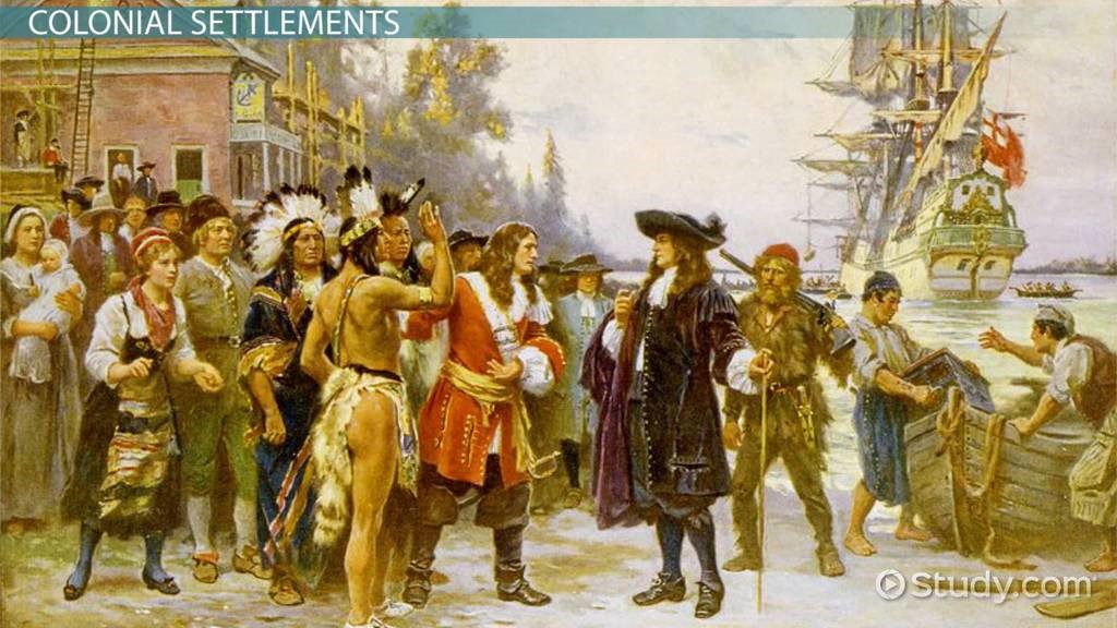 Depiction of the first encounters between European settlers and Native Americans